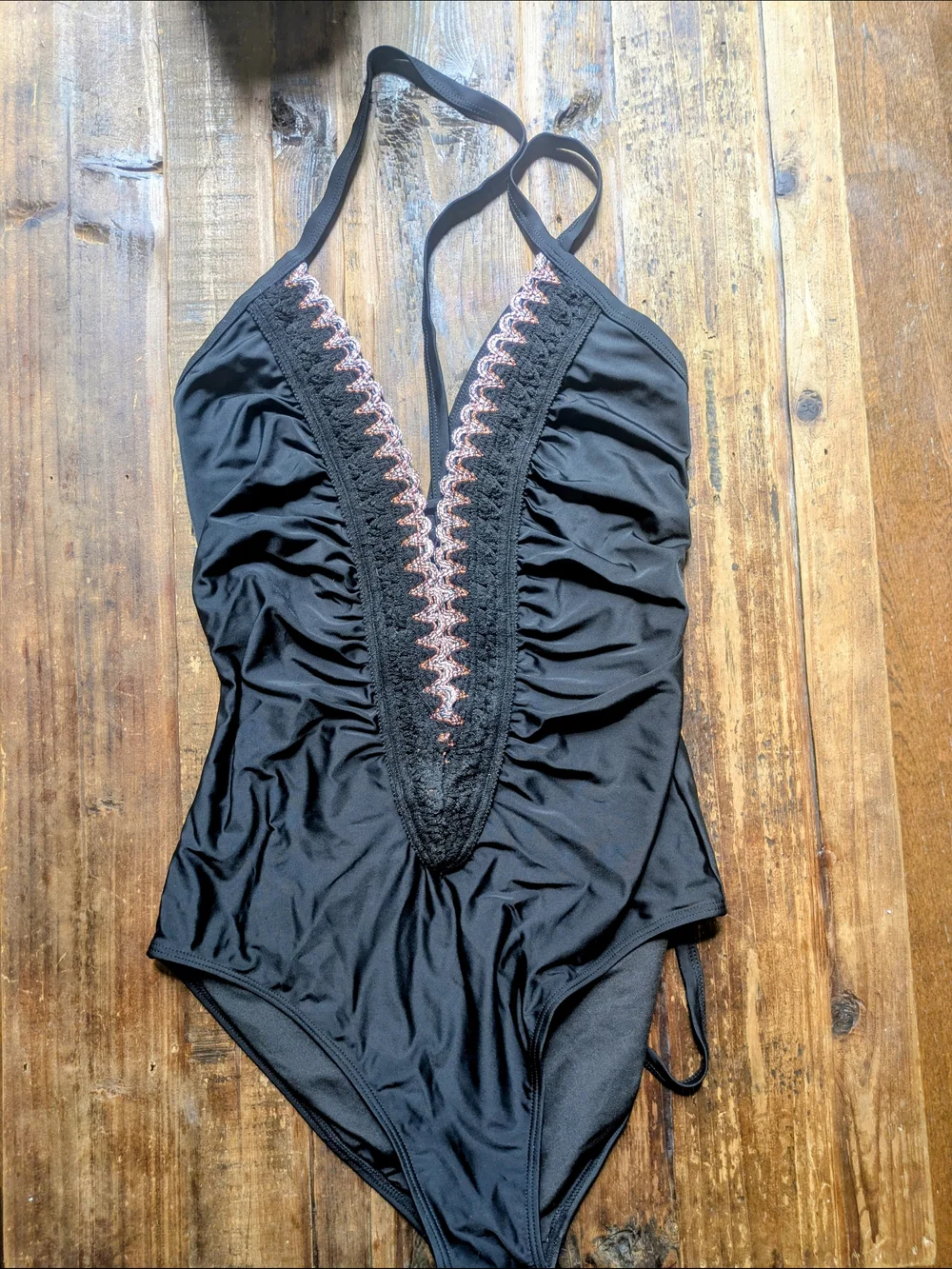 BECCA Black One-Piece Plunging Neckline Swimsuit with Crochet Trim - Picture 1 of 3